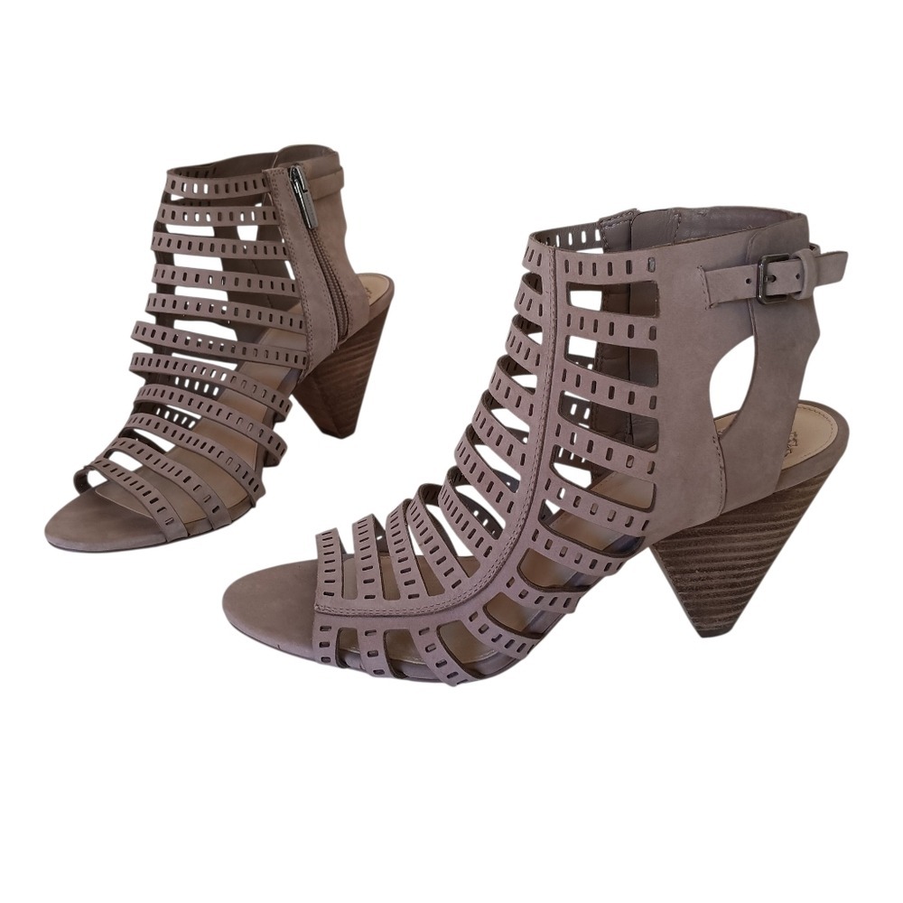 Vince Camuto Heeled Sandals Women 8.5 Taupe Perforated Cage Gladiator Booties